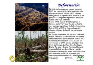 ITACA - JUNTA DE ANDALUCIA 22
Deforestación
Pérdida de bosques por causas humanas.
El 15 por ciento de la Selva Amazónica ha
sido ya destruida. Desde 1970, un área
semejante a la superficie de Francia se ha
perdido. Y una parte importante de lo que
queda está bajo amenaza.
Desde 1992, cuando Brasil organizó la
Cumbre de la Tierra de Río, se ha hecho
muy poco para proteger la Selva Amazónica.
Entre 1990 y 1995 la Amazonía perdió
algunos millones de hectáreas de bosque
natural.
En Europa, la erosión del suelo es cada vez
mayor. Cerca de 115 millones de hectáreas
están afectadas por la erosión hídrica y 42
millones sufren erosión eólica. Según un
informe de la ONU, España es el país más
árido de Europa. Junto a ésta, Portugal,
Italia, Turquía y Grecia forman el llamado
grupo del Mediterráneo Norte y están
consideradas como las zonas más afectadas
por la desertización, un problema que
afecta aproximadamente a 250 millones de
personas.
 