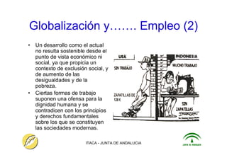ITACA - JUNTA DE ANDALUCIA 9
Globalización y……. Empleo (2)
• Un desarrollo como el actual
no resulta sostenible desde el
punto de vista económico ni
social, ya que propicia un
contexto de exclusión social, y
de aumento de las
desigualdades y de la
pobreza.
• Ciertas formas de trabajo
suponen una ofensa para la
dignidad humana y se
contradicen con los principios
y derechos fundamentales
sobre los que se constituyen
las sociedades modernas.
 