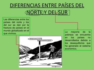 DIFERENCIAS ENTRE PAÍSES DEL NORTE Y DEL SUR Las diferencias entre los países del norte y los del sur se dan por la fractura de países en el mundo globalizado en el que vivimos. La mayoría de la pobreza se encuentra en los países no desarrollados debido a los desequilibrios que ha generado el sistema económico. 