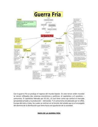 Con la guerra fría se produjo el regreso del mundo bipolar. En este tercer orden mundial
se vieron reflejados dos sistemas económicos y políticos: el capitalista y el socialista –
comunista. El capitalista liderado por EE.UU., el cual tiene como eje central el mercado
(propiedad privada y la producción – demanda). Y el comunismo encabezado por la URSS,
Europa del este y Cuba, los cuales se centran en la función del estado que es el encargado
del dominio de la distribución que tiene hacia una igualación de la sociedad.


                              MAPA DE LA GUERRA FRÍA
 