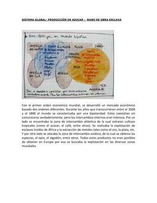 SISTEMA GLOBAL- PRODUCCIÓN DE AZUCAR - MANO DE OBRA ESCLAVA




Con el primer orden económico mundial, se desarrolló un mercado económico
basado dos ordenes diferentes. Durante los años que transcurrieron entre el 1600
y el 1800 el mundo se caracterizaba por una bipolaridad. Estos coexistían sin
comunicarse verdaderamente, pero los intercambios internos eran intensos. Por un
lado se encontraba la zona de intercambio atlántica de la cual extraían cultivos
tropicales (como el azúcar, el café, entre otros). Se realizaba la explotación de
esclavos traídos de África y la extracción de metales tales como el oro, la plata, etc.
Y por otro lado se ubicaba la zona de intercambio asiática, de la cual se obtenía las
especias, el opio, el algodón, entre otros. Todos estos productos no eran posibles
de obtener en Europa por eso se buscaba la explotación en las diversas zonas
mundiales.
 