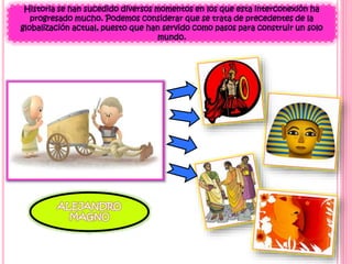 Historia se han sucedido diversos momentos en los que esta interconexión ha
progresado mucho. Podemos considerar que se trata de precedentes de la
globalización actual, puesto que han servido como pasos para construir un solo
mundo.
ALEJANDRO
MAGNO
 