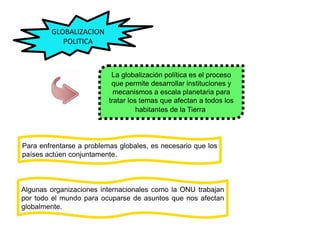 GLOBALIZACION
POLITICA
La globalización política es el proceso
que permite desarrollar instituciones y
mecanismos a escala planetaria para
tratar los temas que afectan a todos los
habitantes de la Tierra.
Para enfrentarse a problemas globales, es necesario que los
países actúen conjuntamente.
Algunas organizaciones internacionales como la ONU trabajan
por todo el mundo para ocuparse de asuntos que nos afectan
globalmente.
 