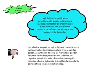 La globalización política está
contribuyendo a crear instituciones
capaces de afrontar los problemas de
nuestro mundo. Los países están
haciendo un esfuerzo para integrarse y
actuar conjuntamente.
EN LO
POLITICO
La globalización política es insuficiente porque todavía
existen muchas barreras para el movimiento de las
personas, aunque el dinero y las mercancías pueden
moverse libremente por el mundo. Además, las
organizaciones internacionales no han conseguido
todavía globalizar la justicia, la igualdad, la ciudadanía
democrática o los derechos humanos.
 