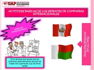 ACTITUDES BASICAS DE LOS GERENTES DE COMPAÑIAS
INTERNACIONALES
PRACTICAS
ADMINISTRATIVAS
Es la actitud que asume que las
prácticas administrativas del país de
origen son superiores a las de otros
países
 