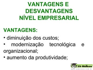 VANTAGENS: diminuição dos custos;  modernização tecnológica e organizacional; aumento da produtividade;  VANTAGENS E  DESVANTAGENS NÍVEL EMPRESARIAL 