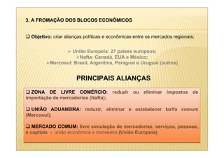 3. A FROMAÇÃO DOS BLOCOS ECONÔMICOS


  Objetivo: criar alianças políticas e econômicas entre os mercados regionais;


                   União Europeia: 27 países europeus;
                      Nafta: Canadá, EUA e México;
          Mercosul: Brasil, Argentina, Paraguai e Uruguai (outros)


                       PRINCIPAIS ALIANÇAS
  ZONA DE LIVRE COMÉRCIO: reduzir ou eliminar impostos de
  ZONA DE LIVRE COMÉRCIO: reduzir ou eliminar impostos de
importação de mercadorias (Nafta);
importação de mercadorias (Nafta);

  UNIÃO ADUANEIRA: reduzir, eliminar e estabelecer tarifa comum
  UNIÃO ADUANEIRA: reduzir, eliminar e estabelecer tarifa comum
(Mercosul);
(Mercosul);

   MERCADO COMUM: livre circulação de mercadorias, serviços, pessoas,
   MERCADO COMUM: livre circulação de mercadorias, serviços, pessoas,
e capitais - união econômica e monetária (União Europeia);
e capitais - união econômica e monetária (União Europeia);
 