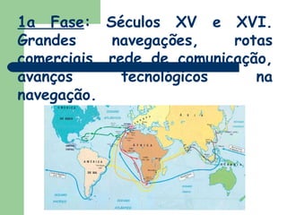 1a Fase : Séculos XV e XVI. Grandes navegações, rotas comerciais, rede de comunicação, avanços tecnológicos na navegação. 