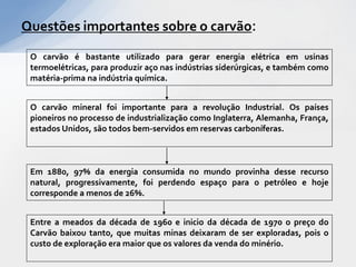Questões importantes sobre o carvão:

 O carvão é bastante utilizado para gerar energia elétrica em usinas
 termoelétricas, para produzir aço nas indústrias siderúrgicas, e também como
 matéria-prima na indústria química.


 O carvão mineral foi importante para a revolução Industrial. Os países
 pioneiros no processo de industrialização como Inglaterra, Alemanha, França,
 estados Unidos, são todos bem-servidos em reservas carboníferas.



 Em 1880, 97% da energia consumida no mundo provinha desse recurso
 natural, progressivamente, foi perdendo espaço para o petróleo e hoje
 corresponde a menos de 26%.


 Entre a meados da década de 1960 e inicio da década de 1970 o preço do
 Carvão baixou tanto, que muitas minas deixaram de ser exploradas, pois o
 custo de exploração era maior que os valores da venda do minério.
 