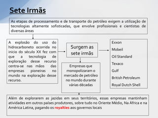 Sete Irmãs
 As etapas de processamento e de transporte do petróleo exigem a utilização de
 tecnologias altamente sofisticadas, que envolve profissionais e cientistas de
 diversas áreas

A explosão do uso do                                         Exxon
hidrocarboneto ocorrida no           Surgem as               Mobeil
inicio do século XX fez com          sete irmãs
que     a   tecnologia    de                                 Oil Standard
exploração desse recurso
                                                             Texaco
centra-se nas mãos       das        Empresas que
empresas     pioneiras    no      monopolizaram o            Gulf
mundo na exploração desse        mercado de petróleo
                                                             British Petroleum
recurso.                          no mundo durante
                                    várias décadas           Royal Dutch Shell


Além de explorarem as jazidas em seus territórios, essas empresas mantinham
atividades em outros países produtores, sobre tudo no Oriente Médio, Na África e na
América Latina, pagando os royalties aos governos locais
 