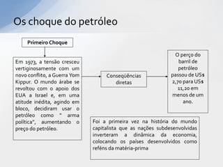 Os choque do petróleo
     Primeiro Choque

                                                              O perço do
Em 1973, a tensão cresceu                                       barril de
vertiginosamente com um                                         petróleo
novo conflito, a Guerra Yom        Conseqüências             passou de US$
Kippur. O mundo árabe se              diretas                2,70 para US$
revoltou com o apoio dos                                       11,20 em
EUA a Israel e, em uma                                       menos de um
atitude inédita, agindo em                                        ano.
bloco, decidiram usar o
petróleo como “ arma
política”, aumentando o       Foi a primeira vez na história do mundo
preço do petróleo.            capitalista que as nações subdesenvolvidas
                              inverteram a dinâmica da economia,
                              colocando os países desenvolvidos como
                              reféns da matéria-prima
 