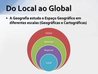 Do Local ao Global
• A Geografia estuda o Espaço Geográfico em
  diferentes escalas (Geográficas e Cartográficas)

                        Global


                       Nacional


                       Regional




                        Local
 
