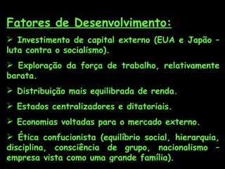 Fatores de Desenvolvimento:
 Investimento de capital externo (EUA e Japão –
luta contra o socialismo).
 Exploração da força de trabalho, relativamente
barata.
 Distribuição mais equilibrada de renda.
 Estados centralizadores e ditatoriais.
 Economias voltadas para o mercado externo.
 Ética confucionista (equilíbrio social, hierarquia,
disciplina, consciência de grupo, nacionalismo –
empresa vista como uma grande família).
 