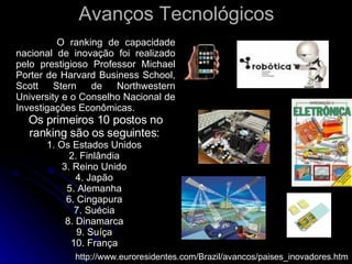 Avanços Tecnológicos O ranking de capacidade nacional de inovação foi realizado pelo prestigioso Professor Michael Porter de Harvard Business School, Scott Stern de Northwestern University e o Conselho Nacional de Investigações Econômicas. Os primeiros 10 postos no ranking são os seguintes:   1. Os Estados Unidos  2. Finlândia  3. Reino Unido  4. Japão  5. Alemanha  6. Cingapura  7. Suécia  8. Dinamarca  9. Suíça  10. França  http://www.euroresidentes.com/Brazil/avancos/paises_inovadores.htm 
