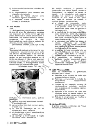b) O consumismo indiscriminado como fator de
alienação.
c) O multiculturalismo como resultado das
migrações internacionais.
d) A perda das “raízes culturais” como
decorrência lógica da urbanização.
e) A identidade cultural problemática no
contexto da globalização.
09 - (UFF RJ/2006)
Texto I
“(...) A pilhagem das riquezas naturais brasileiras
já dura 500 anos. Os colonizadores europeus
que saqueavam as colônias deram lugar aos
piratas disfarçados de turistas, pesquisadores e
missionários. Seu objetivo continua o mesmo:
apropriar-se das riquezas da maior
biodiversidade do mundo, úteis na produção de
alimentos, remédios e cosméticos. ”
(Revista Isto é, setembro, 2003, págs. 94, 96)
Texto II
“Doentes de todo o planeta só têm a ganhar com
a biopirataria – se puderem arcar com o custo
dos remédios industrializados. Já os países de
onde as substâncias originais são retiradas
perdem, por ano, uma quantia avaliada em 5,4
bilhões de dólares (...). Não se pode patentear
pessoas, mas muitos países patenteiam genes
humanos isolados, ou microorganismos criados
em laboratório que recebam esses genes.”
(Revista Veja, janeiro, 1997, pág. 15)
Com base nas informações acima, pode-se
afirmar que:
a) sendo a biopirataria exclusividade do Brasil,
o texto I justifica o II.
b) apresentando a biopirataria como um ganho,
o texto II nega o I.
c) ao falar de patenteação em vez de
apropriação, o texto II corrige o I.
d) ao complementar o texto I, especificando os
dados, o texto II o reforça.
e) ao restringir a biodiversidade à região
amazônica, o texto I desmente o II.
10 - (UFC CE/1ª Fase/2006)
Em tempos neoliberias, o processo de
globalização, que interliga lugares, através da
movimentação de pessoas, de valores, de
capitais e de mercadorias, pode ocasionar
situações que expõem a humanidade a
condições de risco. Entre as mais graves
e/ou sobre as tentativas de evitá-las, é
possível destacar, de modo correto:
a) a difusão de preconceitos contra
estrangeiros, pela crença de que as pessoas
e os produtos vindos de fora são os
responsáveis pelas crises da economia e
pelo desemprego.
b) a transferência de doenças degenerativas
pelos continentes, como as neoplasias,
as doenças cardíacas, o Mal de Alzeimer,
entre outras, até há poucos anos, típicas de
países desenvolvidos.
c) a repercussão das crises, nas bolsas de
valores, provocadas por conflitos
armados, que têm efeitos semelhantes
entre países ricos e pobres e entre pessoas
de diferentes condições sociais.
d) a carência de água, provocada pelo seu
consumo inadequado, que levou o mundo
a adotar como forma de controle a
racionalização e a privatização do seu uso.
e) o desequilíbrio na distribuição da
população mundial, solucionável através
da transferência de populações,
possibilidade assegurada pelas políticas
migratórias internacionais.
11 - (UEM PR/Janeiro/2006)
Sobre as características da globalização,
assinale o que for correto.
a) Refere-se a um processo de união entre
todas as religiões do planeta.
b) Refere-se a um processo de redução das
desigualdades socioeconômicas
internacionais.
c) Trata-se de um crescente processo de
interdependência, sobretudo, econômica
entre os países e está baseado na expansão
do capitalismo.
d) Refere-se a um processo de união entre
diferentes povos do planeta baseado nos
laços da solidariedade humana e do amor.
e) Trata-se de um processo que resultou na
unificação cultural do planeta.
12 - (Unifesp SP/2006)
O gráfico apresenta a distribuição do Produto
Interno Bruto por habitante.
 