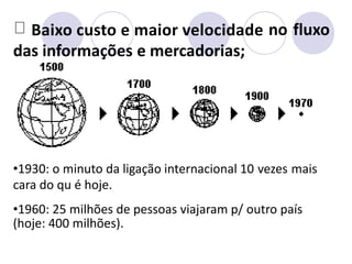 Baixo custo e maior velocidade no fluxo
das informações e mercadorias;
•1930: o minuto da ligação internacional 10
cara do qu é hoje.
•1960: 25 milhões de pessoas viajaram p/ outro país
(hoje: 400 milhões).
vezes mais
 