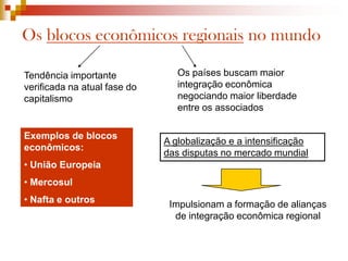 Globalização e neoliberalismoConjunto de idéias econômicas surgidas na década de 1980, nos Estados Unidos e no Reino Unido baseado nos seguintes princípios:NeoliberalismoO livre comércio e a livre circulação de capitais são fundamentais ao desenvolvimento econômico e estimulam o desenvolvimento tecnológico; O Estado deve promover a abertura do mercado e deixá-lo agir livremente; Empresas privadas assumem parte das atribuições do Estado;
