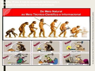 Do
meio
natural
ao
meio
Técnico-Cientifíco
e
Informacional
Autor
desconhecido.
Domínio
público.
Geografia, 9º ano. A rede de comunicação de informação e
organização da população no contexto da globalização
 