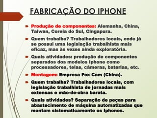 FABRICAÇÃO DO IPHONE
🠶 Produção de componentes: Alemanha, China,
Taiwan, Coreia do Sul, Cingapura.
🠶 Quem trabalha? Trabalhadores locais, onde já
se possui uma legislação trabalhista mais
eficaz, mas às vezes ainda exploratória.
🠶 Quais atividades: produção de componentes
separados dos modelos Iphone como
processadores, telas, câmeras, baterias, etc.
🠶 Montagem: Empresa Fox Cam (China).
🠶 Quem trabalha? Trabalhadores locais, com
legislação trabalhista de jornadas mais
extensas e mão-de-obra barata.
🠶 Quais atividades? Separação de peças para
abastecimento de máquina automatizadas que
montam sistematicamente os Iphones.
 