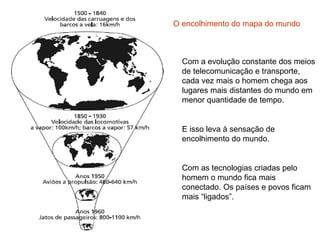Com a evolução constante dos meios de telecomunicação e transporte, cada vez mais o homem chega aos lugares mais distantes do mundo em menor quantidade de tempo. E isso leva à sensação de encolhimento do mundo. Com as tecnologias criadas pelo homem o mundo fica mais conectado. Os países e povos ficam mais “ligados”. O encolhimento do mapa do mundo 