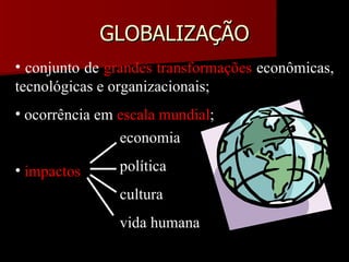 GLOBALIZAÇÃO conjunto de  grandes transformações  econômicas, tecnológicas e organizacionais; ocorrência em  escala mundial ; impactos economia política cultura vida humana 
