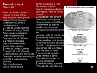 Parabolicamará Gilberto Gil Antes mundo era pequeno Porque Terra era grande Hoje Mundo é muito grande Porque Terra é Pequena Do tamanho da antena parabolicamará  Ê, volta do Mundo, Camará Ê, Mundo dá volta, Camará Antes Longe era distante Perto só quando dava Quando muito ali defronte E o horizonte acabava Hoje lá trás dos montes Dende casa, camará Ê, volta do Mundo, Camará Ê, Mundo dá volta, Camará De jangada leva uma eternidade De saveiro leva uma encarnação De avião o tempo de uma saudade Pela onda luminosa Leva o tempo de raio Tempo que levava a rosa Pra arrumar o balaio Quando sentia que o balaio ia  Escorregarê, volta do mundo camará Ê, mundo dá volta camará Esse tempo nunca passa Não é de ontem nem de hoje Mora no som da cabaça Não tá preso nem foge No instante que tange o berimbau, me Camaráê, volta do mundo, camará Ê, mundo dá volta, camará De jangada leva uma eternidade De saveiro leva uma encarnação De avião o tempo de uma saudade Esse tempo não tem rédea Vem nas asas do vento O momento da tragédia Chico Ferreira e Bento Só souberam na hora do  Destino apresentar Ê, volta do Mundo, Camará Ê, Mundo dá volta, Camará 