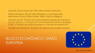 BLOCO ECONÔMICO: UNIÃO
EUROPEIA
 Criação: 25 de março de 1957, pelo Tratado de Roma;
 Países-membros: são ao todo 28 países, os principais são
Alemanha, França, Reino Unido, Itália, Grécia e Bélgica;
 Tratados da UE: Tratado da Comunidade Europeia do Carvão e
do Aço (CECA), o Tratado da Comunidade Econômica Europeia
(CEE), o Tratado da União Europeia e o Tratado de Maastricht;
 Tratado de Maastricht: acordos de segurança e política exterior.
Logo União Europeia
 