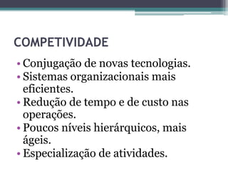 COMPETIVIDADE
• Conjugação de novas tecnologias.
• Sistemas organizacionais mais
eficientes.
• Redução de tempo e de custo nas
operações.
• Poucos níveis hierárquicos, mais
ágeis.
• Especialização de atividades.
 