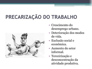 PRECARIZAÇÃO DO TRABALHO
• Crescimento do
desemprego urbano.
• Deterioração dos modos
de vida.
• Exclusão social e
econômica.
• Aumento do setor
informal.
• Terceirização e
desconcentração da
atividade produtiva.
 