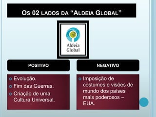 OS 02 LADOS DA “ALDEIA GLOBAL”

POSITIVO

Evolução.
 Fim das Guerras.
 Criação de uma
Cultura Universal.


NEGATIVO


Imposição de
costumes e visões de
mundo dos países
mais poderosos –
EUA.

 