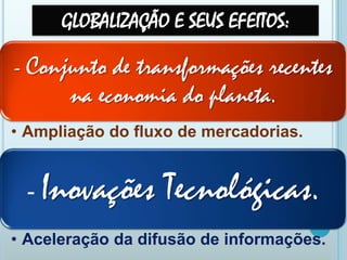 GLOBALIZAÇÃO E SEUS EFEITOS:

- Conjunto de transformações recentes

na economia do planeta.
• Ampliação do fluxo de mercadorias.

-

Inovações Tecnológicas.

• Aceleração da difusão de informações.

 