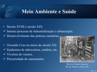 Meio Ambiente e Saúde
• Século XVIII e século XIX:
 Intenso processo de industrialização e urbanização.
 Desenvolvimento das práticas sanitárias.
• Oswaldo Cruz no início do século XX:
 Epidemias de tuberculose, malária, etc.
 Viveiros de vetores.
 Precariedade do saneamento.
Morro de Santo Antonio,
Rio de Janeiro, século XX.
 