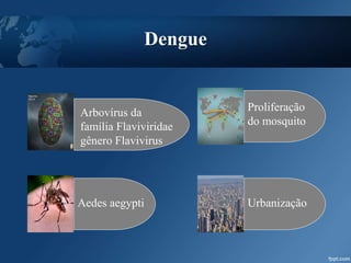 Dengue
Aedes aegypti
Proliferação
do mosquito
Urbanização
Arbovírus da
família Flaviviridae
gênero Flavivirus
 