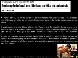 Apresentação elaborada pela Professora FERNANDA BRUM LOPES - Geografia
A empresa admitiu em 2012 a exploração de trabalhadores nas suas filiais dos países asiáticos,
com salários de um dólar por dia e punições como correr ao redor da fábrica como castigo por
atrasos.
A investigação feita pela Global Alliance for Workers and Communities levou a empresa a
prometer mudar esse quadro. Porém, o anúncio não convenceu diversas organizações, dado o
fato de que a Nike já havia feito promessas semelhantes e não as cumprira.
A tática do trabalho semiescravo em países asiáticos permite a empresa fugir da hora de
trabalho mais cara exigida pelos trabalhadores europeus. A Nike lidera o mercado de produtos
esportivos e apenas o salário de um dos seus executivos poderia arcar com o pagamento de
toda uma fábrica.
http://www.s1noticias.com/2013/04/exploracao-infantil-em-fabricas-da-nike.html
 