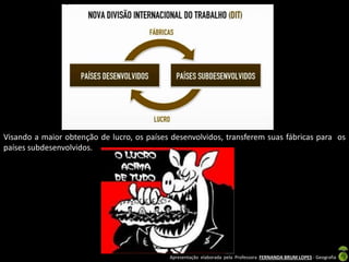 Apresentação elaborada pela Professora FERNANDA BRUM LOPES - Geografia
Visando a maior obtenção de lucro, os países desenvolvidos, transferem suas fábricas para os
países subdesenvolvidos.
 