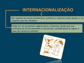 Diz respeito às trocas económicas, políticas e culturais entre países, e às
relações que daí resultam.

 Pode ser um excelente negócio para a empresa, desde que isso
 aconteça de forma planeada e consciente, considerando as regras e
 usos do comércio exterior.
 