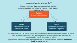 As multinacionais e a DIT
Com a expansão das multinacionais a Divisão
internacional do trabalho (DIT) passou por muitas
modificações
Países
industrializados
Países
subdesenvolvidos
industrializados
Países
subdesenvolvidos de
economia agrária
Na tradicional (DIT), os países industrializados exportam produtos manufaturados e os países
menos desenvolvidos exportam matérias-primas. A DIT contribui para perpetuar as
desigualdades econômicas entre os países.
A partir disso, o Brasil ocupa que posição na Divisão Internacional do Trabalho? Responder
questão no livro p. 383.
 