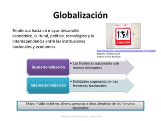 GlobalizaciónTendencia hacia un mayor desarrollo económico, cultural, político, tecnológico y la interdependencia entre las instituciones nacionales y economíashttp://www.flickr.com/photos/carlosbarbudo/377535288/Etiqueta: GlobalizaciónGalería: Carlos BarbudoMayor fluido de bienes, dinero, personas e ideas alrededor de las fronteras Nacionales Negocios Internacionales - Oscar Vélez