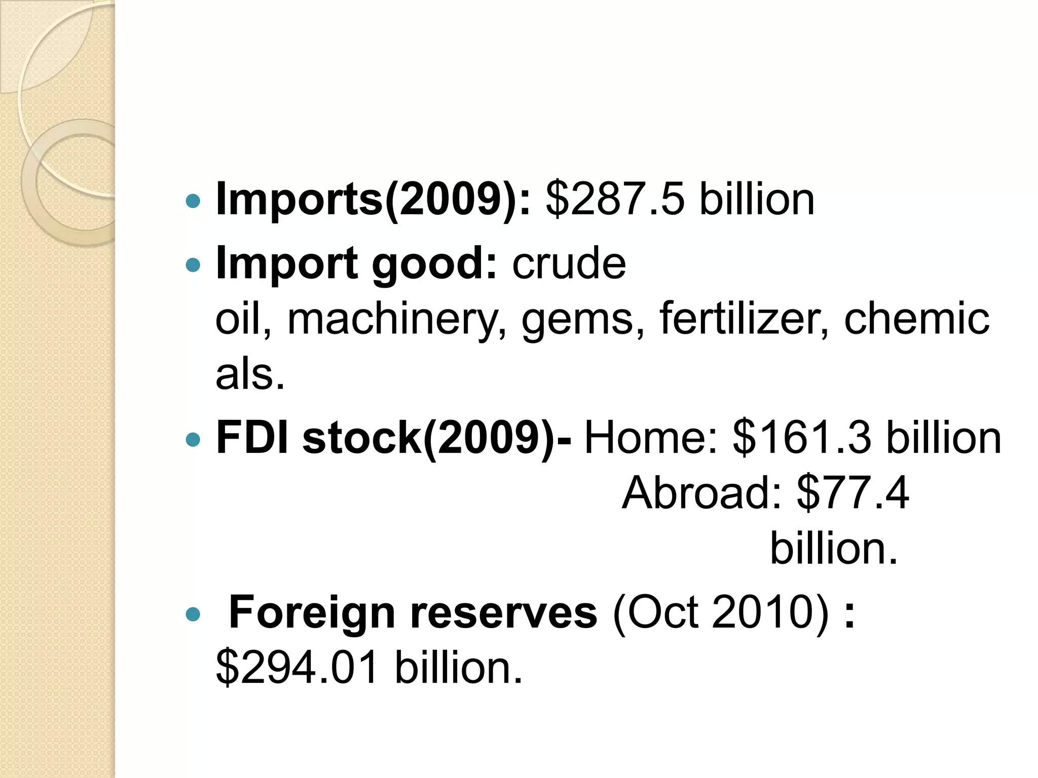  Imports(2009): $287.5 billion
 Import good: crude
  oil, machinery, gems, fertilizer, chemic
  als.
 FDI stock(2009)- Home: $161.3 billion
                     Abroad: $77.4
                                billion.
 Foreign reserves (Oct 2010) :
  $294.01 billion.
 
