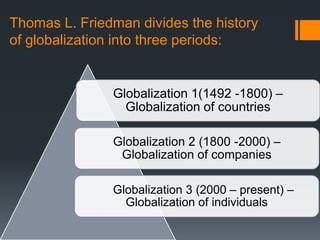 Thomas L. Friedman divides the history
of globalization into three periods:
Globalization 1(1492 -1800) –
Globalization of countries
Globalization 2 (1800 -2000) –
Globalization of companies
Globalization 3 (2000 – present) –
Globalization of individuals
 