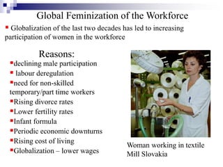 Global Feminization of the Workforce
 Globalization of the last two decades has led to increasing
participation of women in the workforce
Woman working in textile
Mill Slovakia
Reasons:
declining male participation
 labour deregulation
need for non-skilled
temporary/part time workers
Rising divorce rates
Lower fertility rates
Infant formula
Periodic economic downturns
Rising cost of living
Globalization – lower wages
 