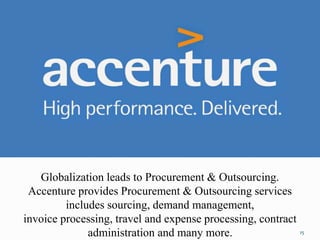 15
Globalization leads to Procurement & Outsourcing.
Accenture provides Procurement & Outsourcing services
includes sourcing, demand management,
invoice processing, travel and expense processing, contract
administration and many more.
 