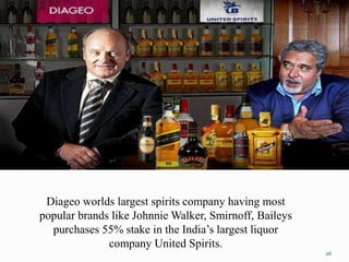 Diageo worlds largest spirits company having most
popular brands like Johnnie Walker, Smirnoff, Baileys
purchases 55% stake in the India’s largest liquor
company United Spirits.
26
 