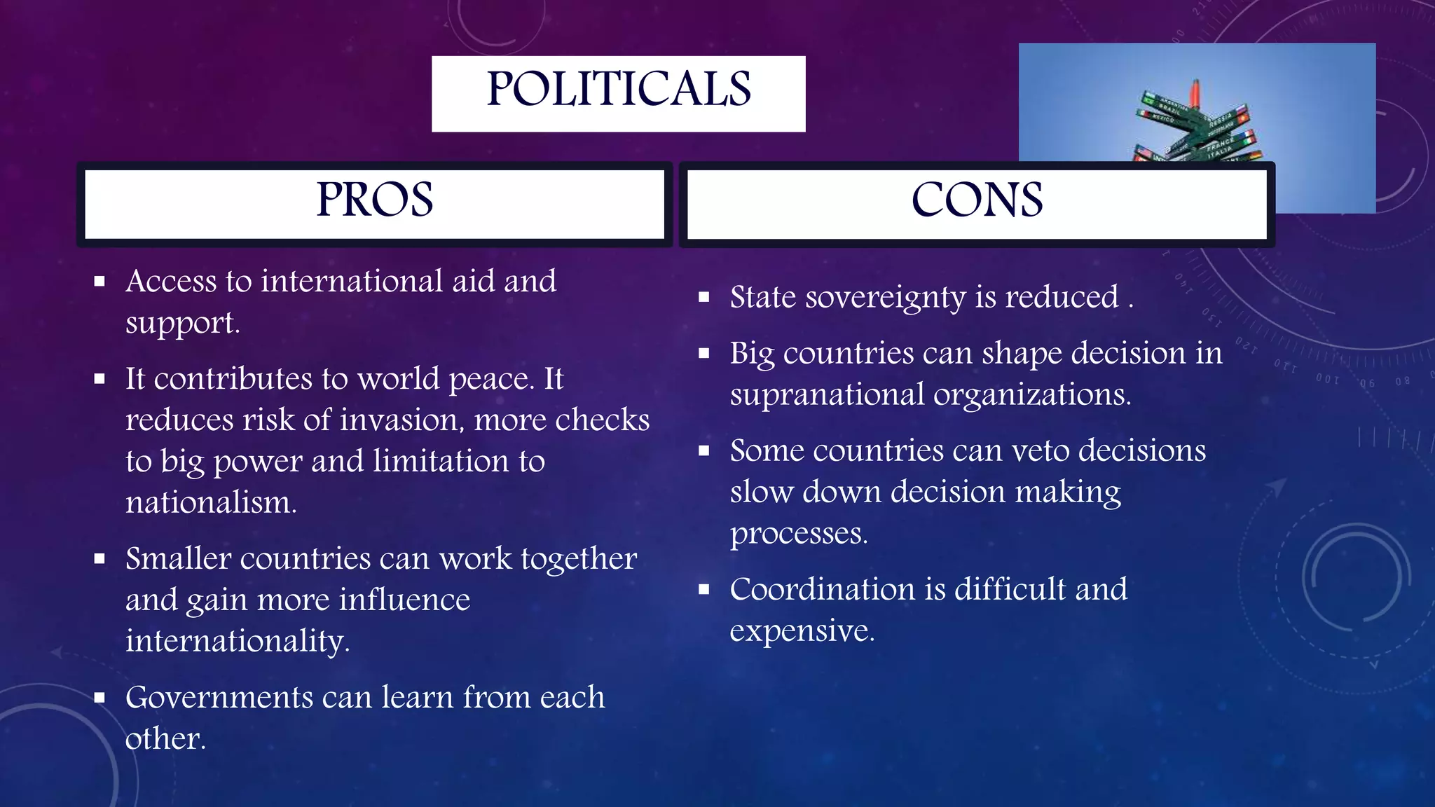  Access to international aid and
support.
 It contributes to world peace. It
reduces risk of invasion, more checks
to big power and limitation to
nationalism.
 Smaller countries can work together
and gain more influence
internationality.
 Governments can learn from each
other.
 State sovereignty is reduced .
 Big countries can shape decision in
supranational organizations.
 Some countries can veto decisions
slow down decision making
processes.
 Coordination is difficult and
expensive.
PROS
POLITICALS
CONS
 