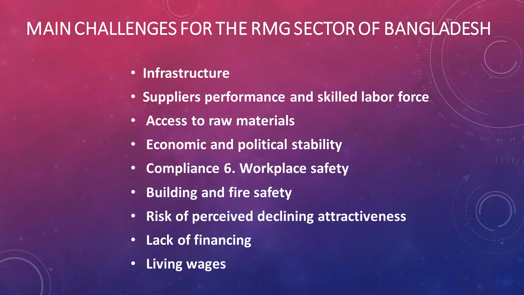 MAINCHALLENGES FOR THE RMGSECTOROF BANGLADESH
• Infrastructure
• Suppliers performance and skilled labor force
• Access to raw materials
• Economic and political stability
• Compliance 6. Workplace safety
• Building and fire safety
• Risk of perceived declining attractiveness
• Lack of financing
• Living wages
 