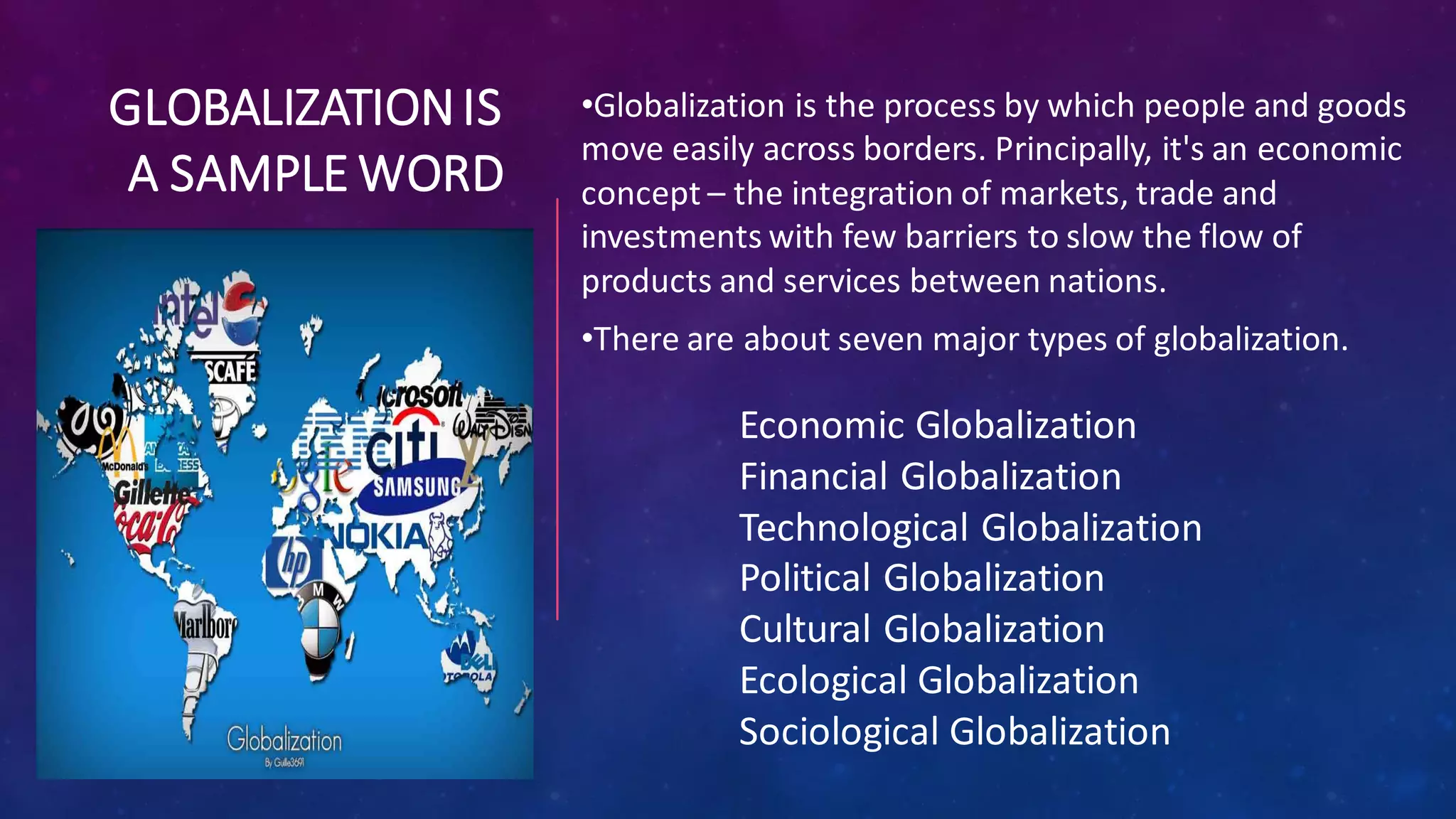 GLOBALIZATIONIS
A SAMPLE WORD
•Globalization is the process by which people and goods
move easily across borders. Principally, it's an economic
concept – the integration of markets, trade and
investments with few barriers to slow the flow of
products and services between nations.
•There are about seven major types of globalization.
Economic Globalization
Financial Globalization
Technological Globalization
Political Globalization
Cultural Globalization
Ecological Globalization
Sociological Globalization
 