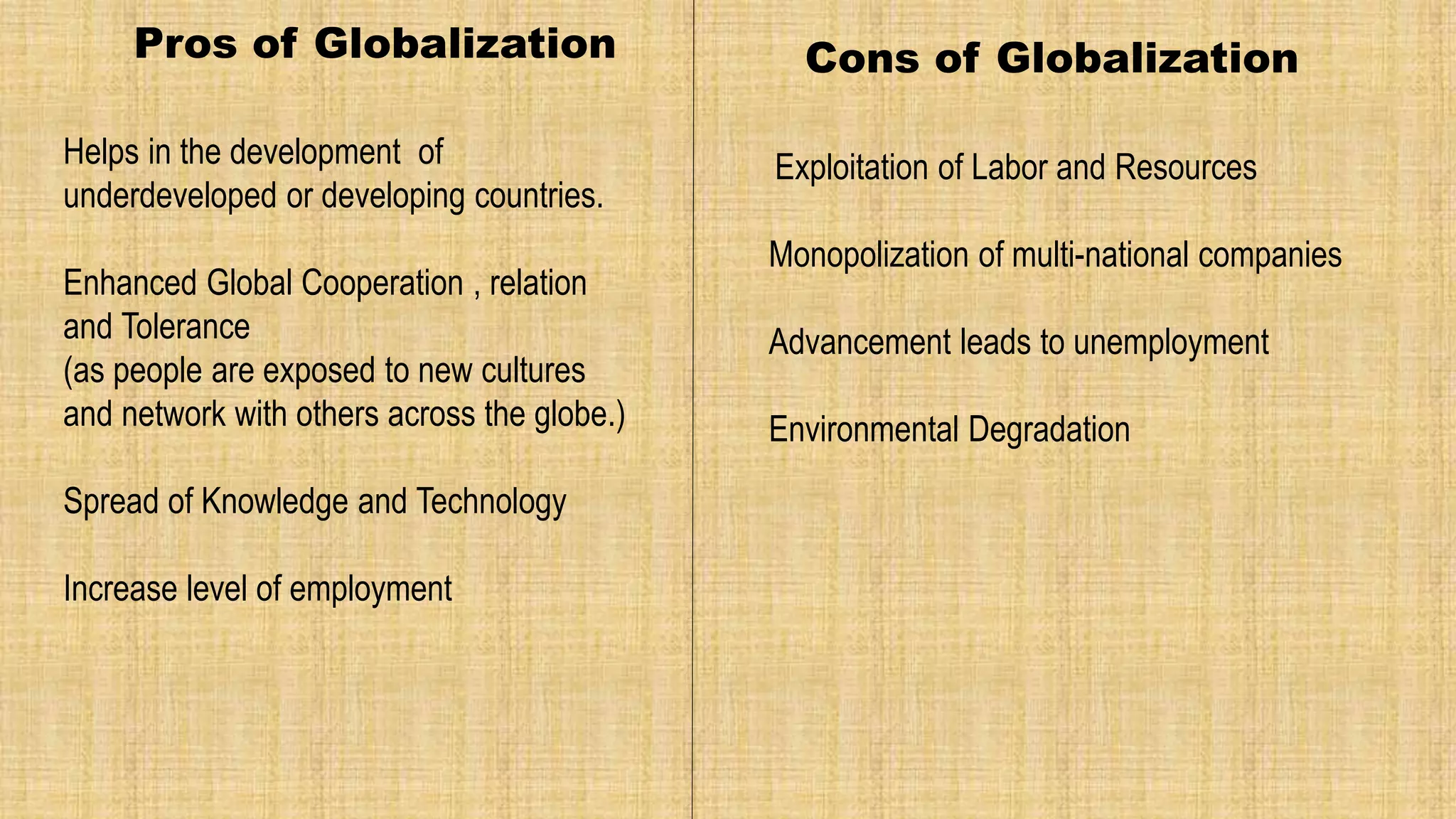 Pros of Globalization Cons of Globalization
Exploitation of Labor and Resources
Monopolization of multi-national companies
Advancement leads to unemployment
Environmental Degradation
Helps in the development of
underdeveloped or developing countries.
Enhanced Global Cooperation , relation
and Tolerance
(as people are exposed to new cultures
and network with others across the globe.)
Spread of Knowledge and Technology
Increase level of employment
 