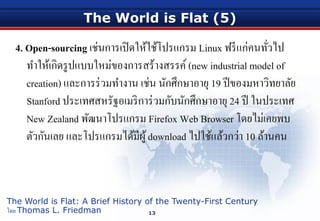 The World is Flat (5)
4. Open-sourcing เช่นการเปิดให้ใช้โปรแกรม Linux ฟรีแก่คนทั่วไป
ทําให้เกิดรูปแบบใหม่ของการสร้างสรรค์(new industrial model of
creation) และการร่วมทํางาน เช่น นักศึกษาอายุ 19 ปีของมหาวิทยาลัย
Stanford ประเทศสหรัฐอเมริการ่วมกับนักศึกษาอายุ 24 ปี ในประเทศ
New Zealand พัฒนาโปรแกรม Firefox Web Browser โดยไม่เคยพบ
ตัวกันเลย และโปรแกรมได้มีผู้download ไปใช้แล้วกว่า 10 ล้านคน
13
The World is Flat: A Brief History of the Twenty-First Century
โดย Thomas L. Friedman
 