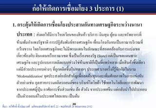 ก่อให้เกิดการเชื่อมโยง 3 ประการ (1)
1. กระตุ้นให้เกิดการเชื่อมโยงประสานกันทางเศรษฐกิจระหว่างนานา
ประเทศ : ส่งผลให้มีการไหลเวียนของสินค้า บริการ เงินทุน ผู้คน และทรัพยากรที่
ข้ามพ้นกําแพงรัฐชาติ การปฏิสัมพันธ์ทางเศรษฐกิจ เชื่อมโยงกันจนเป็นอาณาบริเวณที่
กว้างขวาง โดยโลกเศรษฐกิจจะไม่มีพรมแดนในลักษณะที่สอดคล้องกับการแบ่งเขต
เกี่ยวข้องกับ ดินแดนหรืออาณาเขต ซึ่งเป็นเรื่องของรัฐ (State) แต่เป็นเขตแดนทาง
เศรษฐกิจ และรูปแบบการผลิตแบบห่วงโซ่ข้ามชาติก็เป็นที่แพร่หลาย เมื่อสินค้าชิ้นเดียว
แต่มีส่วนประกอบต่างๆ ที่ถูกผลิตขึ้นในหลายๆ ประเทศ บางครั้งก็รู้จักกันในนาม
'Mcdonaldization' จุดประสงค์หลักสําคัญเพื่อลดต้นทุนและเพิ่มศักยภาพในการแข่งขัน
ตัวอย่างเช่น อุตสาหกรรมผลิตรถยนต์ของ บริษท์โตโยต้า ใช้เทคโนโลยีและการพัฒนา
จากประเทศญี่ปุ่น อาศัยการชิ้นส่วนเช่น ล้อ ตัวถัง จากประเทศจีน แต่กลับนําไปประกอบ
เป็นตัวรถยนต์ในประเทศไทยแทน เป็นต้น
20
ที่มา : ทวีศักดิ์ ตั้งปฐมวงศ์ มติชนสุดสัปดาห์ ศุกร์ 22 - พฤหัสบดี 28 พฤษภาคม 2552
 