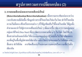 สรุปภาพรวมการเปลี่ยนแปลง (2)
2. การสลายเส้นแบ่งและการลากเส้นแบ่งใหม่
(Deterritorialization/Reterritorialization): เมื่อความกระชับแน่นระหว่าง
เวลากับสถานที่เกิดขึ้น ข้อมูลข่าวสารที่ไหลเวียนไปมาในโลก ทําให้โลกเกิด
ความไม่มั่นคง เส้นหรือกรอบต่าง ๆ ที่ได้ถูกขีดเส้นไว้ตั้งแต่ในอดีต ได้ถูกตั้ง
คําถามและนําไปสู่การลากเส้นแบ่งใหม่ ๆ เพิ่มมากขึ้น เช่น การรวมกลุ่มของ
กลุ่มนาซีใหม่ (Neo Nazi) ที่กระจัดกระจายตามที่ต่าง ๆ ในโลก โดยใช้การ
สื่อสารผ่านอินเตอร์เน็ต ให้การแบ่งแยกกลุ่มนาซีใหม่นั้นไม่ได้จํากัดเฉพาะ
คนที่อยู่ในพื้นที่ภูมิศาสตร์เดียวกัน แต่นววัตกรรมของเทคโนโลยีคมนาคม
สื่อสาร ทําให้เกิด การขีดเส้นแบ่งใหม่ตามความชอบหรือความเชื่อในสิ่ง
เดียวกัน
26
ดร.ไชยรัตน์ เจริญสินโอฬาร, รัฐ-ชาติกับ[ความไร้]ระเบียบโลกชุดใหม่, สํานักพิมพ์วิภาษา, 2549: หน้า 12 – 16
 